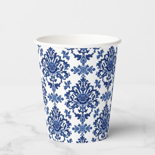 Luxury Royal Blue and White Baroque Floral Pattern Papieren Bekers (Achterkant)