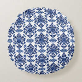 Luxury Royal Blue and White Baroque Floral Pattern Rond Kussen