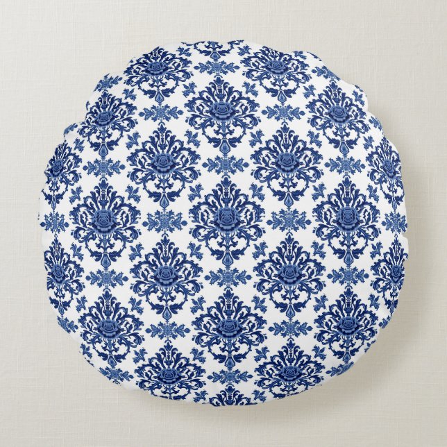 Luxury Royal Blue and White Baroque Floral Pattern Rond Kussen (Voorkant)
