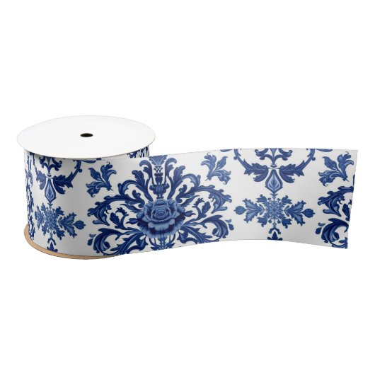 Luxury Royal Blue and White Baroque Floral Pattern Satijnen Lint (Spoel)
