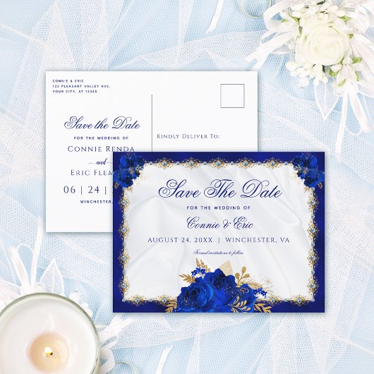Luxury Royal Blue Gold Floral Rozen Wedding Aankondigingskaart
