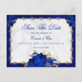 Luxury Royal Blue Gold Floral Rozen Wedding Aankondigingskaart (Voorkant)