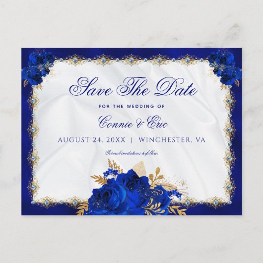 Luxury Royal Blue Gold Floral Rozen Wedding Aankondigingskaart (Voorkant)