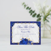 Luxury Royal Blue Gold Floral Rozen Wedding Aankondigingskaart (Staand voorkant)