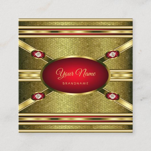 Luxury Royal Gold Patterned Red en Faux Gemstenen Vierkante Visitekaartje (Voorkant)