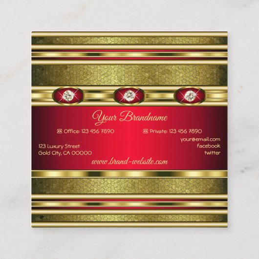 Luxury Royal Gold Patterned Red en Faux Gemstenen Vierkante Visitekaartje (Achterkant)