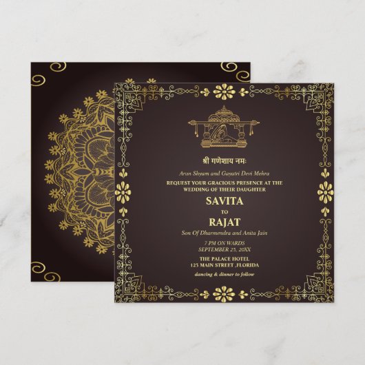 Luxury Royal Indian Wedding Invitation Kaart (Voorkant / Achterkant)
