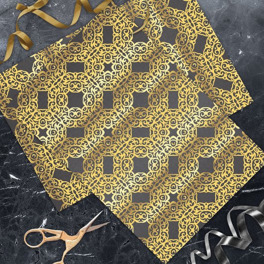 Luxury Royal Oriental Gold Damask-patroon op zwart Tissuepapier