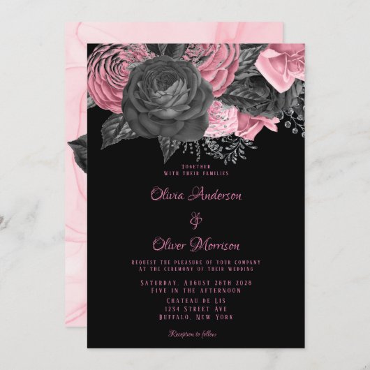 Luxury roze en Black Floral Inking Wedding Kaart (Voorkant / Achterkant)