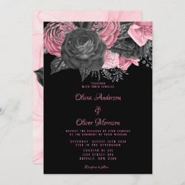 Luxury roze en Black Floral Inking Wedding Kaart