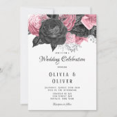 Luxury roze en Black Floral Inking Wedding Kaart (Voorkant)