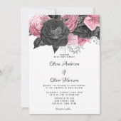 Luxury roze en Black Floral Inking Wedding Kaart (Voorkant)