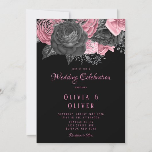 Luxury roze en Black Floral Inking Wedding Kaart (Voorkant)