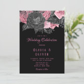 Luxury roze en Black Floral Inking Wedding Kaart (Staand voorkant)