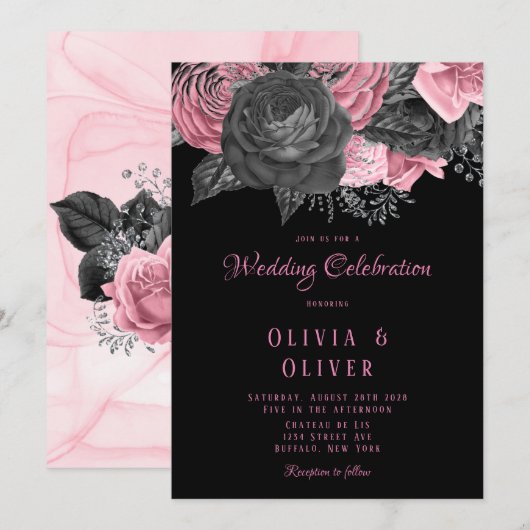 Luxury roze en Black Floral Inking Wedding Kaart (Voorkant / Achterkant)