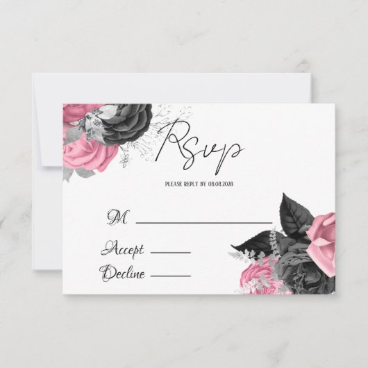 Luxury roze en Black Floral Wedding RSVP (Voorkant)