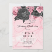 Luxury roze en zwarte Floral Inking Wedding Invita Kaart (Voorkant)