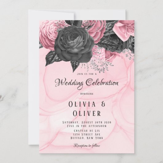 Luxury roze en zwarte Floral Inking Wedding Invita Kaart (Voorkant)