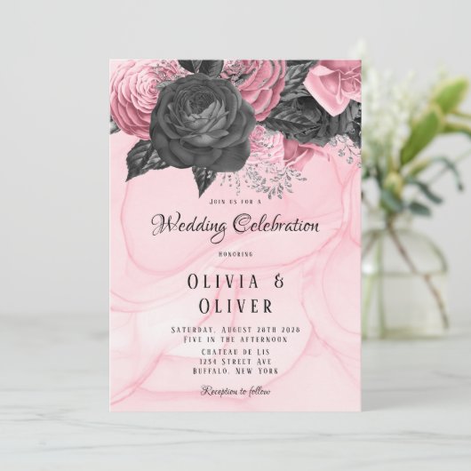 Luxury roze en zwarte Floral Inking Wedding Invita Kaart (Staand voorkant)