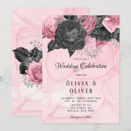 Luxury roze en zwarte Floral Inking Wedding Invita Kaart