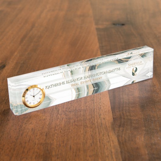 Luxury Sage Gold Marble Plus Clock Realtor Office Naambordje (Zijkant)