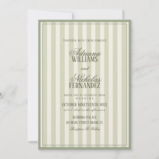 Luxury Sage Green Striped Wedding Kaart (Voorkant)