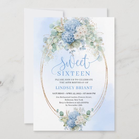 Luxury Script Blue Hydrangeas Sweet Sixteen Invite Kaart (Voorkant)