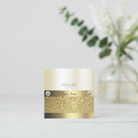 Luxury Shimmery Gold Luminous Glitter en Monogram Vierkante Visitekaartje (Staand voorkant)
