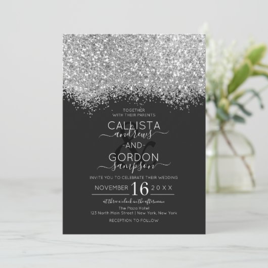 Luxury Silver Black Glitter Confetti Wedding Kaart (Staand voorkant)