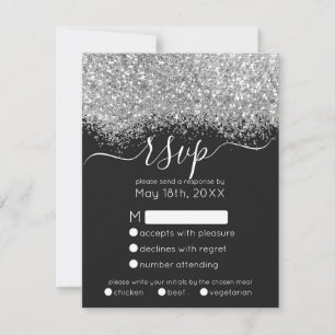 Luxury Silver Black Glitter Confetti Wedding RSVP Kaartje