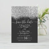 Luxury Silver Black Glitter Confetti Wedding Save The Date (Staand voorkant)