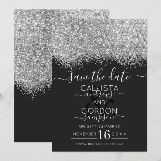 Luxury Silver Black Glitter Confetti Wedding Save The Date (Voorkant / Achterkant)