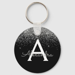 Luxury Silver Black Glitter Monogram Sleutelhanger