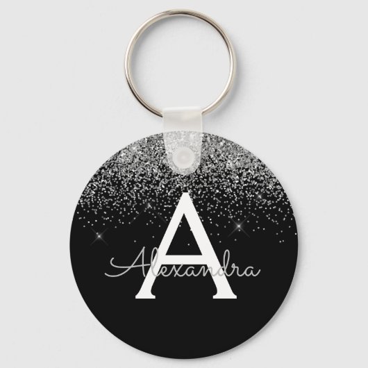 Luxury Silver Black Glitter Monogram Sleutelhanger (Voorkant)