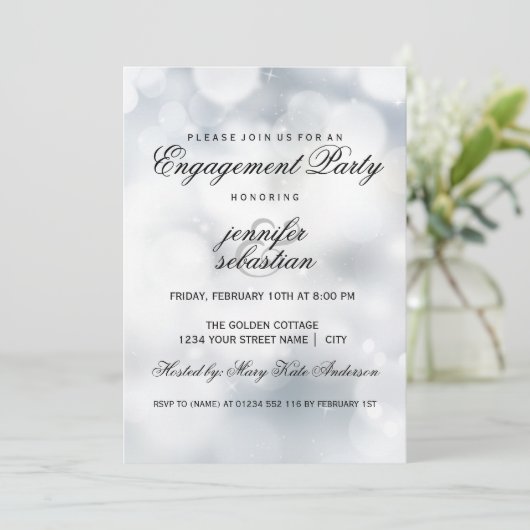 Luxury Silver Bokeh Light Chic Engagement Party Kaart (Staand voorkant)