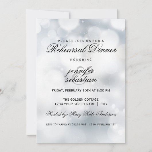 Luxury Silver Bokeh Light Chic Rehearsal Dinner Kaart (Voorkant)