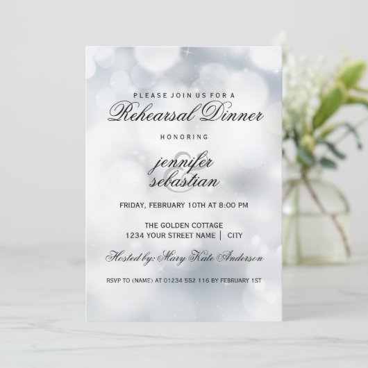 Luxury Silver Bokeh Light Chic Rehearsal Dinner Kaart (Staand voorkant)