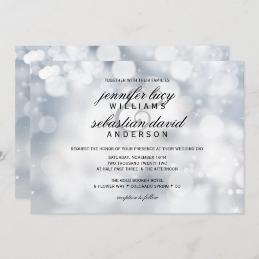 Luxury Silver Bokeh Light Chic Wedding Kaart (Voorkant / Achterkant)