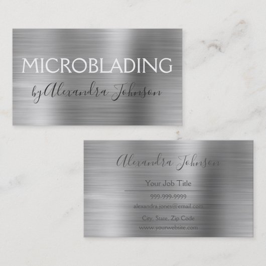 Luxury Silver Brushed Metal Microblading Visitekaartje (Voorkant / Achterkant)