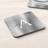Luxury Silver Brushed Metal Monogram Name Initiaal Bier Onderzetter (Linkerzijde)