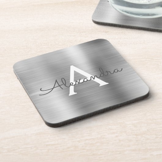 Luxury Silver Brushed Metal Monogram Name Initiaal Bier Onderzetter (Linkerzijde)