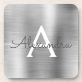 Luxury Silver Brushed Metal Monogram Name Initiaal Bier Onderzetter (Voorkant)