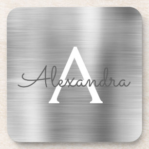 Luxury Silver Brushed Metal Monogram Name Initiaal Bier Onderzetter