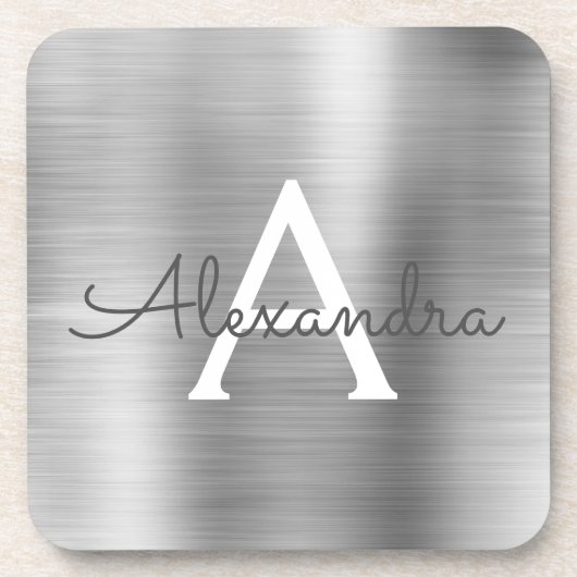 Luxury Silver Brushed Metal Monogram Name Initiaal Bier Onderzetter (Voorkant)