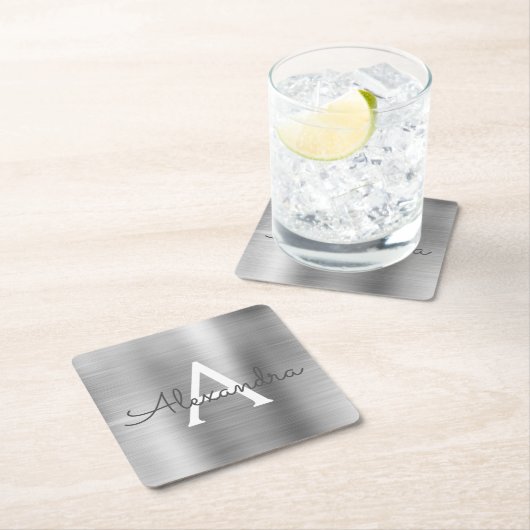 Luxury Silver Brushed Metal Monogram Name Initiaal Kartonnen Onderzetters (Insitu)