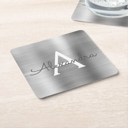 Luxury Silver Brushed Metal Monogram Name Initiaal Kartonnen Onderzetters (Schuin)