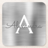 Luxury Silver Brushed Metal Monogram Name Initiaal Kartonnen Onderzetters (Voorkant)