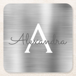 Luxury Silver Brushed Metal Monogram Name Initiaal Kartonnen Onderzetters