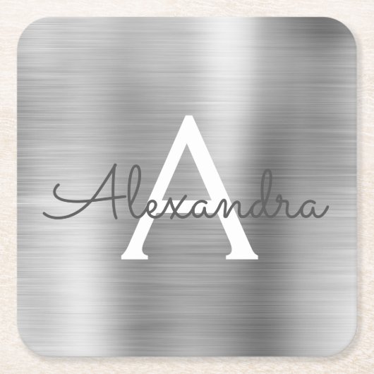 Luxury Silver Brushed Metal Monogram Name Initiaal Kartonnen Onderzetters (Voorkant)