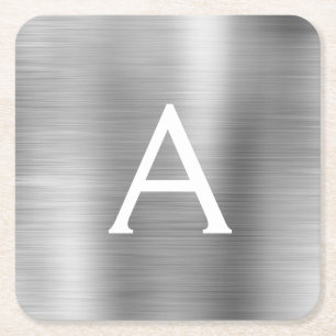 Luxury Silver Brushed Metal Monogram Name Initiaal Kartonnen Onderzetters